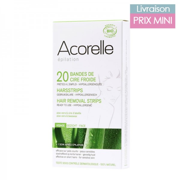 Organic aloe vera and beeswax cold wax strips for facial hair depilation - Acorelle